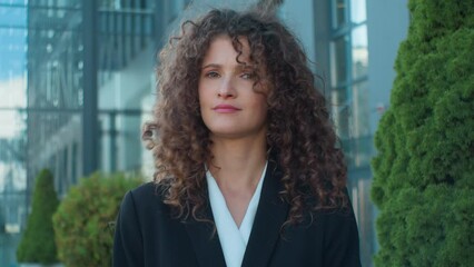 Outdoor portrait Caucasian woman dissatisfied disappointed businesswoman negative waving shaking head answer no never not rejection disagreement in city confident business girl deny prohibit refuse