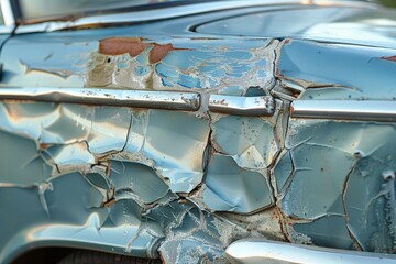African American car care specialist polishing the windshield, Detailed close-up of car's peeling blue paint, texture-focused with rust and degradation, no human presence.