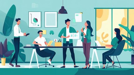 A group of professionals in a modern office are working together on a project