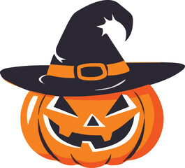 Halloween scary pumpkin in purple witches hat in cartoon style.