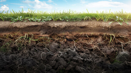 Cutaway view of soil layers showing grass, plant roots, and intricate soil structure against a blue sky with clouds. The image reveals various stages of soil composition and root systems.