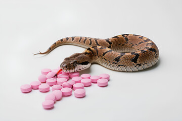 Obraz premium snake with pink pills on white background