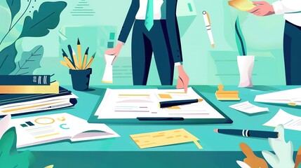 A professional dressed man and woman stand at a desk reviewing paperwork.