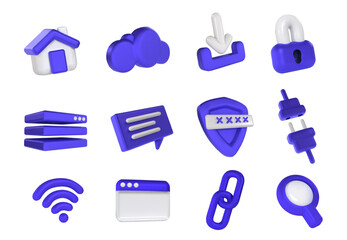 Internet 3d icons. Web browser and network security, cloud server, wireless connection and online communication vector illustration set