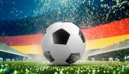 Naklejka premium Football cup, soccer ball and german flag in a european sports stadium. 