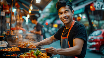 A street food vendor cooks at a bustling night market with colorful lanterns and various dishes...