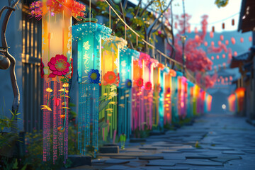 Traditional Tanabata festival decorations in Japan, 3D render