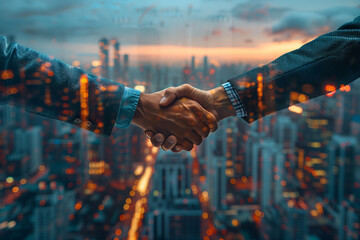 Businessmen handshake on an abstract background corporate skyscrapers at sunset, double exposure. Partnership, success, deal, agreement, cooperation, business contract concept, 3D render