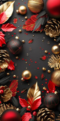 Naklejka premium Elegant Christmas holiday decorations with red, black, and gold ornaments, pinecones, and festive leaves arranged on a dark background.