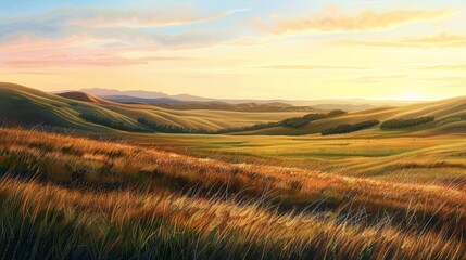 Obraz premium Sunset over golden wheat fields painting - This landscape painting features rolling hills of golden wheat fields bathed in the warm, golden light of a setting sun