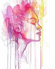 Vibrant abstract female outline illustration - This piece features an outlined female figure against a splash of vibrant colors in an abstract style