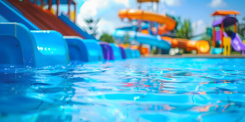 Bright blue surface with a blurred background of a water park, perfect for children’s summer toys or water sports equipment