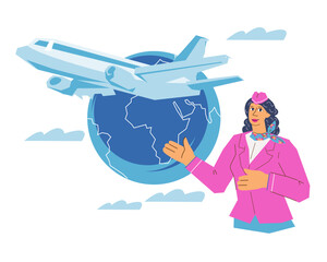 Banner for travel agency, airline or tickets booking app, cartoon vector illustration isolated on white background. Airplane travel or airline banner template with smiling stewardess character.