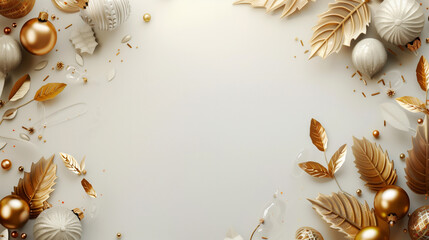 Festive frame with gold and white Christmas ornaments, including baubles, leaves, and branches, arranged on a light background with ample copy space in the center.