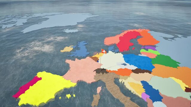 Modellazione 3D e video di mappa Terra con  bandiera Svizzera al vento
