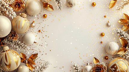 Festive Christmas background with gold and white ornaments, pine branches, flowers, and confetti on a light backdrop. Ideal for holiday cards and seasonal designs.