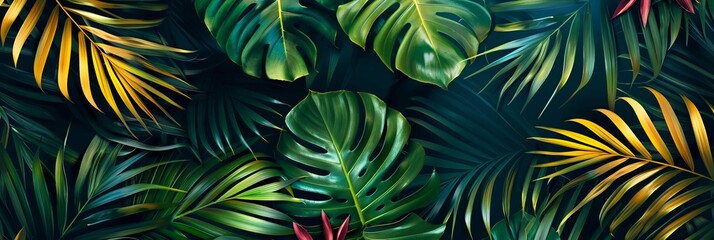 Fototapeta premium Tropical palm leaves, floral pattern background, panoramic