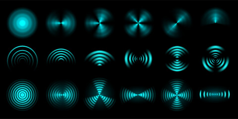 Wireless signal waves. Futuristic sound wave, digital beam and radial waveforms isolated vector overlay set