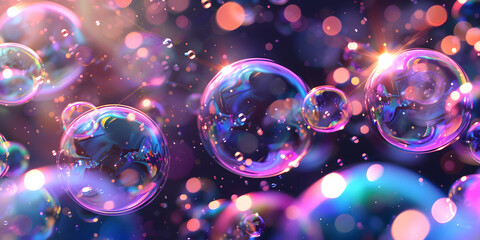 Gradient field of iridescent bubbles against a dark, mysterious background, suitable for beauty products or whimsical advertisements 