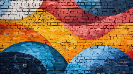 Fototapeta premium brick wall with a piece of street art that has been created by a community group or collective, showcasing the collaborative nature of street art and its ability to bring people together.stock photo