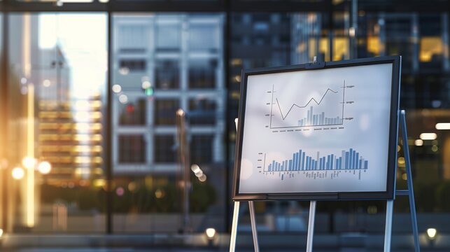 Financial statistics displayed on a flip chart easel in a modern office setting
