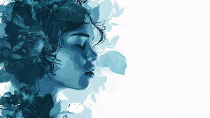 Blue-Toned Female Profile with Leaves, Symbolizing Excoriation Disorder for Website Background