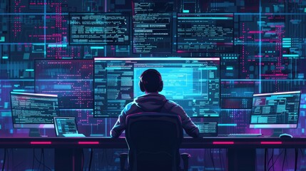 Professional programer looking computer desktop with coding program. Skilled smart software developer working to program system and writing engineering code prompt by connecting with big data. AIG42.