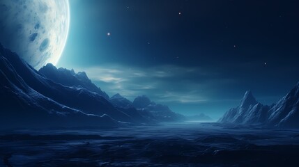 Digital technology blue silver mountains and planet landscape poster background