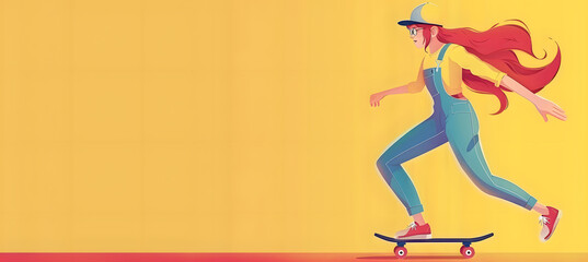 Red-haired girl in a light fashionable overall riding a skateboard on a bright yellow background