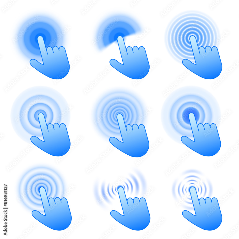 Poster click icons. interactive touch gesture, hand pointer clicking, pressing and tapping with ripple effe