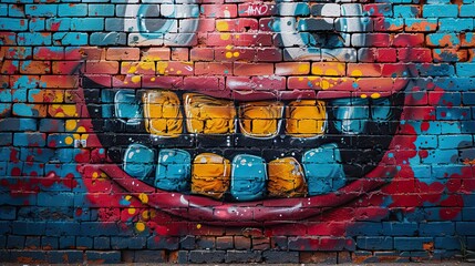 brick wall with a piece of street art that is humorous or lighthearted, adding a touch of playfulness and joy to the urban landscape.stock photo