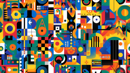 Obraz premium A colorful collage of shapes and patterns. The image is a work of art that is made up of many different shapes and colors. Scene is one of creativity and imagination