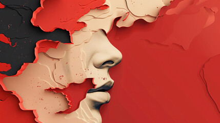 Abstract Female Profile with Red and Beige Layers, Symbolizing Excoriation Disorder for Website Background