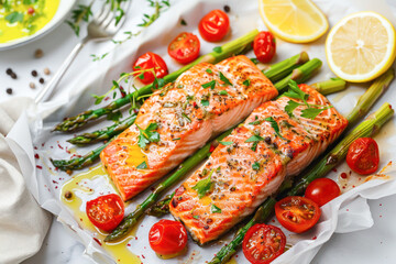 Grilled Salmon Fillet with Asparagus and Tomatoes. Delicious grilled salmon fillets served with fresh asparagus and cherry tomatoes, garnished with parsley and drizzled with olive oil.