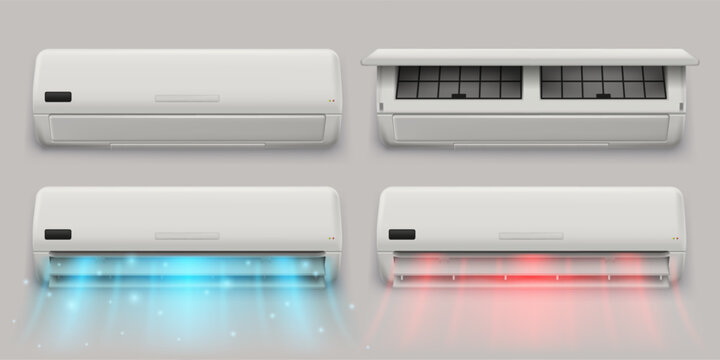 Split system air conditioner. Air conditioning device with open lid, standby and active mod with cooling and heating airflow 3D vector illustration set