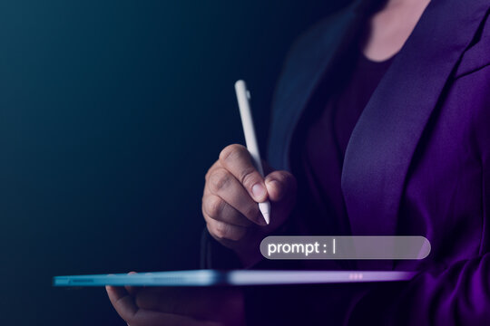 Using an electronic pen, a businessman writes commands on a tablet's virtual screen, demonstrating the integration of advanced AI systems with human command processing for improved technology
