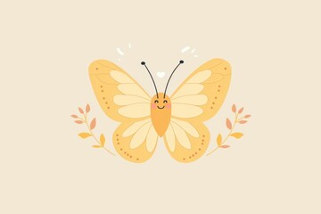 Delicate Yellow Butterfly Among Flowers and Leaves on Beige Background Illustration for Nature Concepts