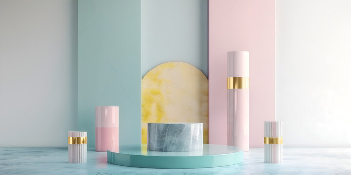 Abstract minimal concept. Pastel bright multi colour background with podium stage, abstract geometric shiny marble pillar with light shine . Mock up template for product presentation. copy text space
