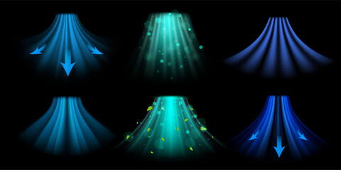 Dynamic airflow overlay. Fresh air circulation for air purification, ventilation or conditioning visualization. Breeze vector illustration set