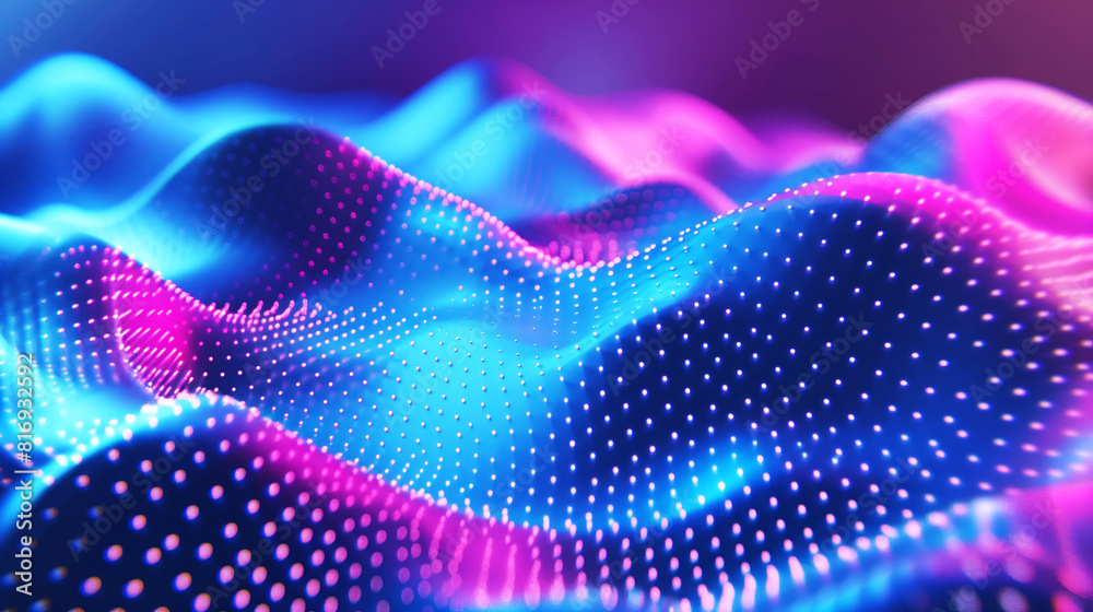 Sticker Abstract futuristic landscape with blue and pink glowing points forming dynamic waves. It represents data visualization, digital technology, or virtual reality concepts.