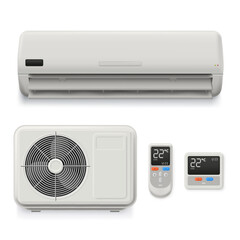 Realistic split system air conditioner. Home cooling equipment, external unit, thermostat and remote control isolated vector illustration set