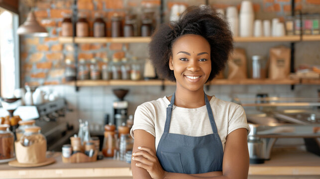 Confident African American female barista standing in a cozy cafe. Small business concept.