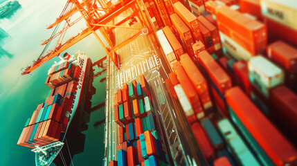 Obraz premium Aerial view of a busy container port with a cargo ship docked, surrounded by numerous colorful shipping containers and heavy lifting cranes.