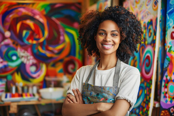 Happy smiling Afro American female artist with curly hair in apron in a creative art studio. Art, fine art, creativity concept.