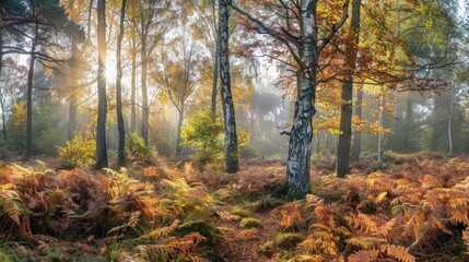 Obraz premium A sunny autumn morning in a diverse forest