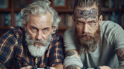Vibrant gaming  tattooed friends in spirited video game duel embrace joyful competition