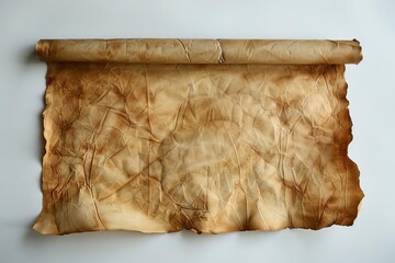 Create an illustration of an old paper scroll with a burnt and crumpled texture. The paper should be a dark yellow color.