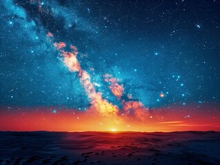 Obraz premium A breathtaking night sky with a vibrant Milky Way over a serene desert landscape at sunset, blending vivid colors and cosmic beauty