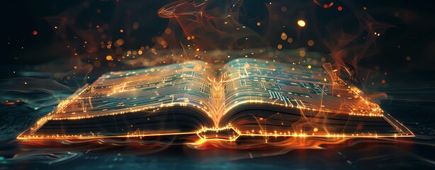 A glowing open book with flames and circuit patterns on the pages, symbolizing its ability to convey knowledge and inspiration through technology. Bright colors in the style of an ultra realistic phot