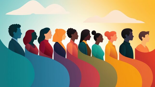 Diversity awareness flat design side view community theme cartoon drawing vivid
